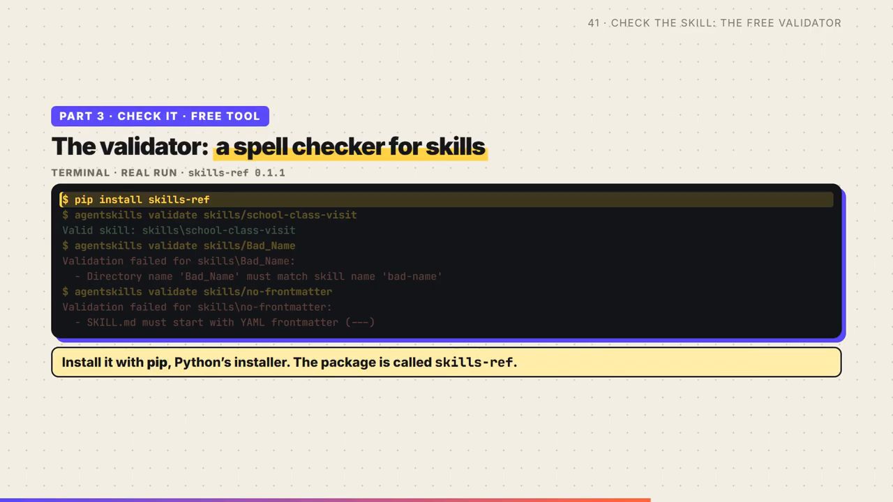 Terminal chạy pip install skills-ref và agentskills validate trên ba thư mục