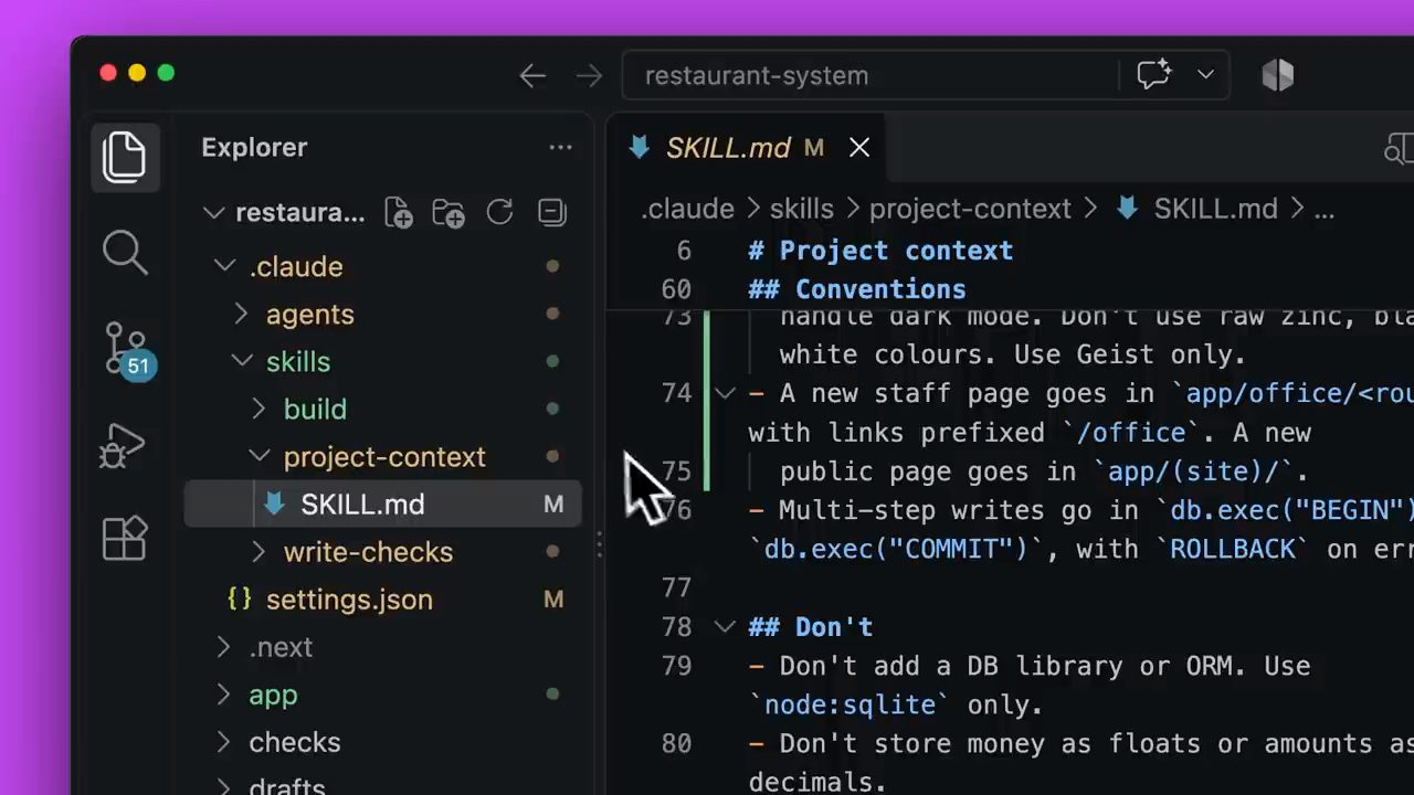 Editor mở .claude/skills/project-context/SKILL.md với các mục Conventions và Don't