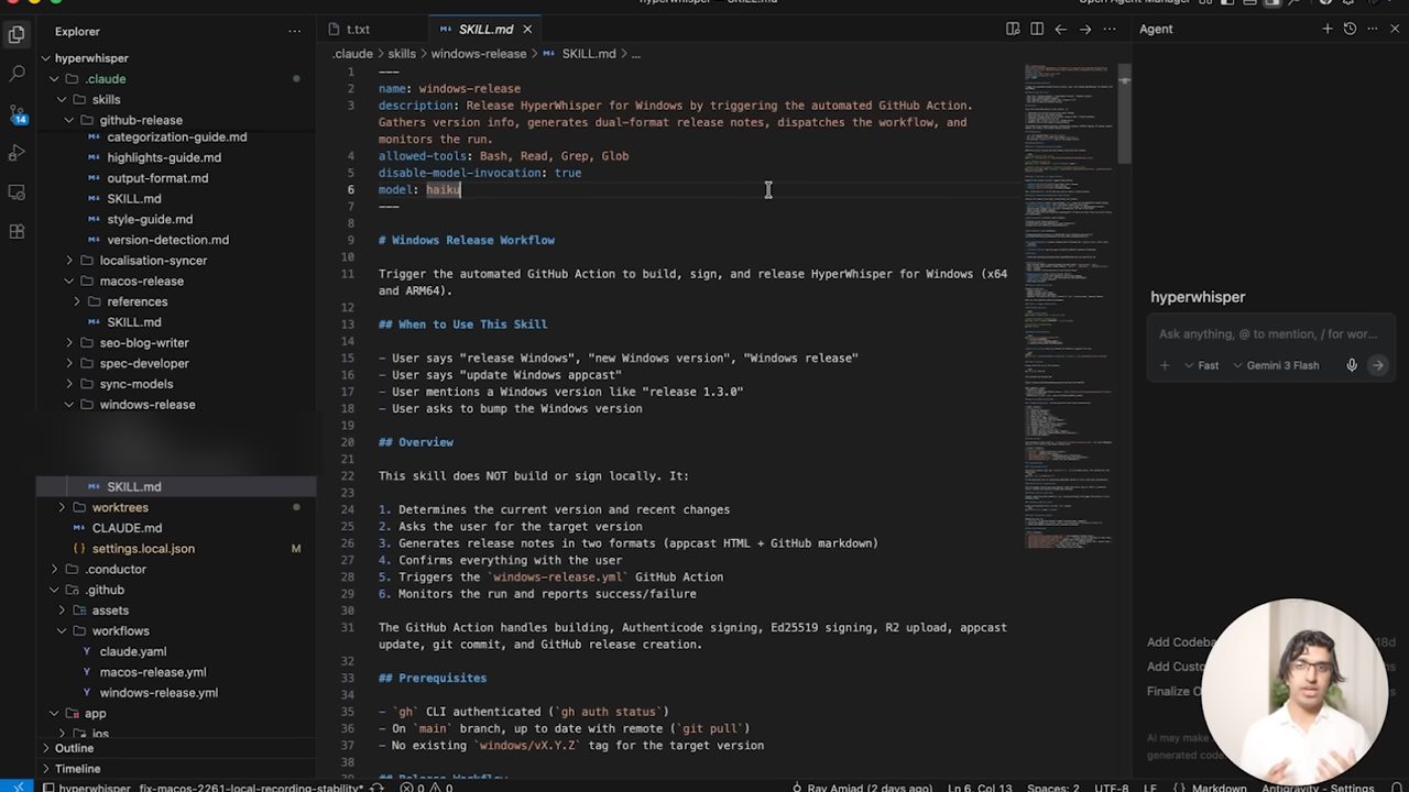 File SKILL.md của skill windows-release mở trong editor