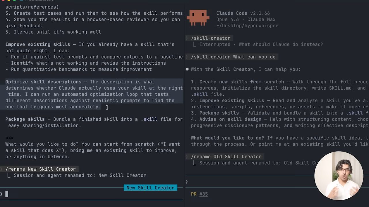 Hai phiên Claude Code cạnh nhau: New Skill Creator và Old Skill Creator trả lời câu hỏi bạn làm được gì