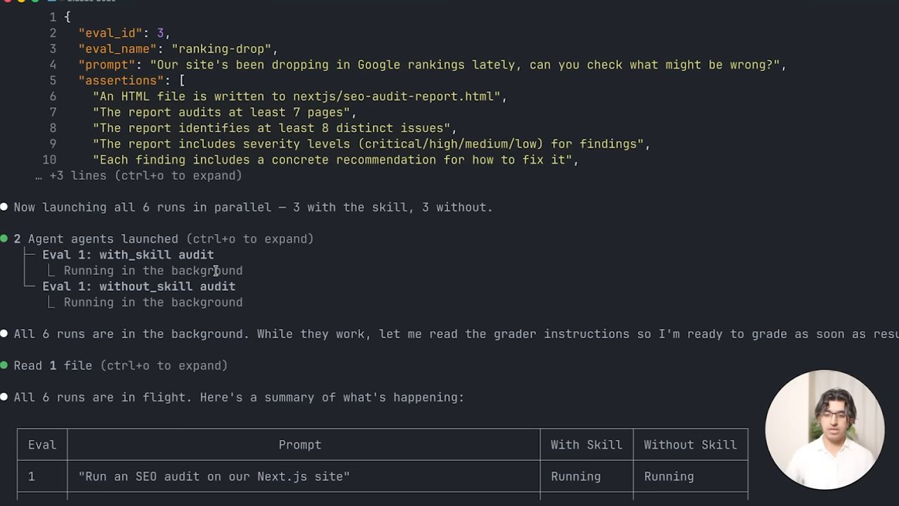 Một eval dạng JSON với prompt và danh sách assertions, rồi 6 lần chạy song song