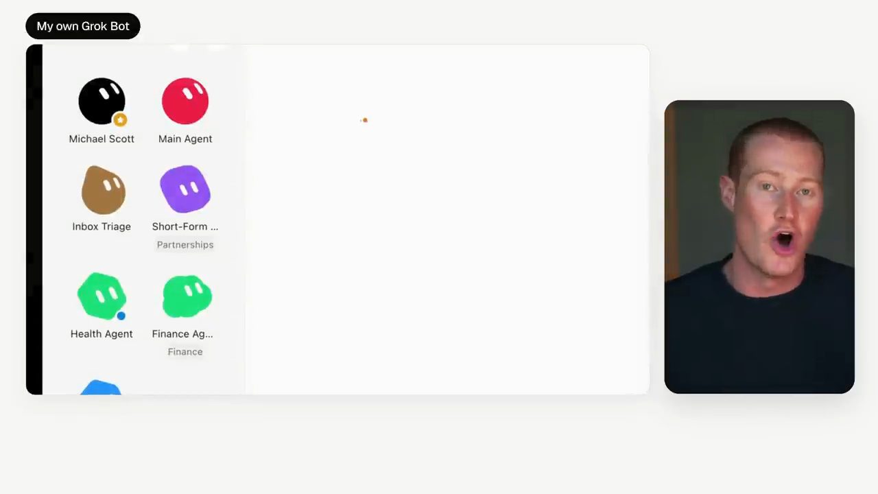 Sidebar Grok Bot của Brock với các bot Michael Scott, Main Agent, Inbox Triage, Short-Form, Health Agent, Finance Agent