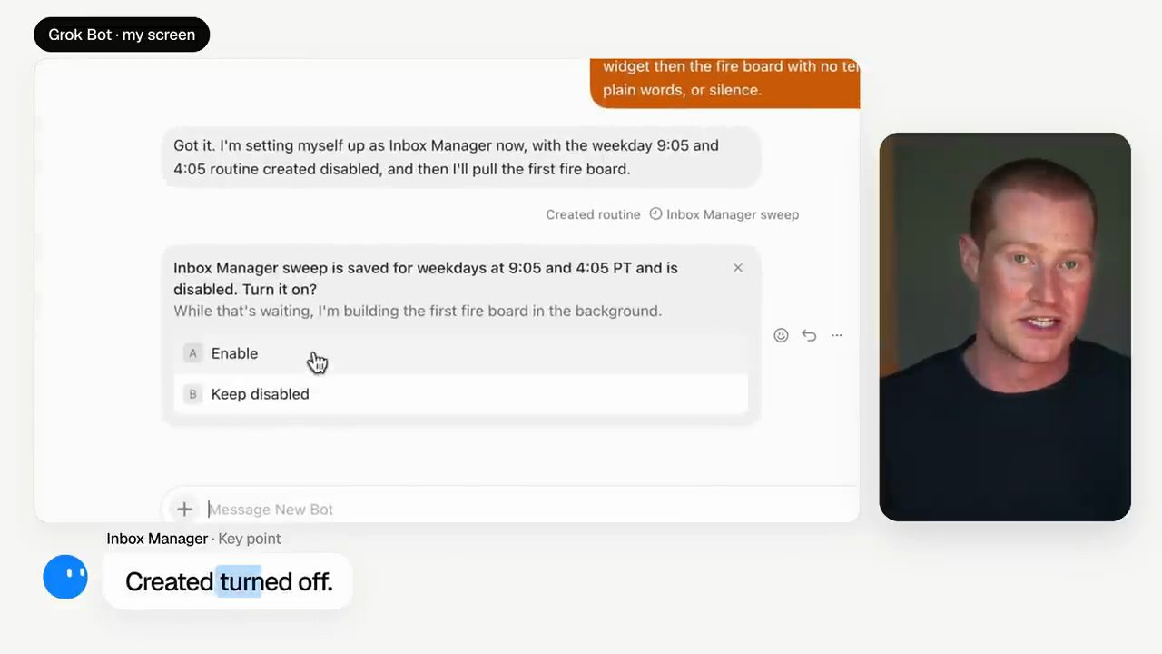 Chat trong Grok Bot: bot xác nhận đã tạo routine Inbox Manager sweep ở trạng thái tắt và hỏi Enable hay Keep disabled