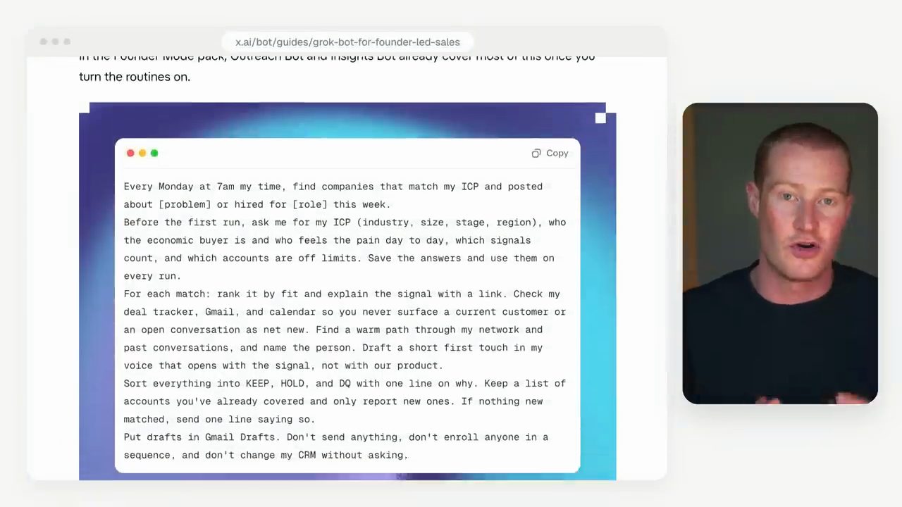 Trang guide grok-bot-for-founder-led-sales với khung prompt quét công ty mỗi thứ Hai lúc 7 giờ