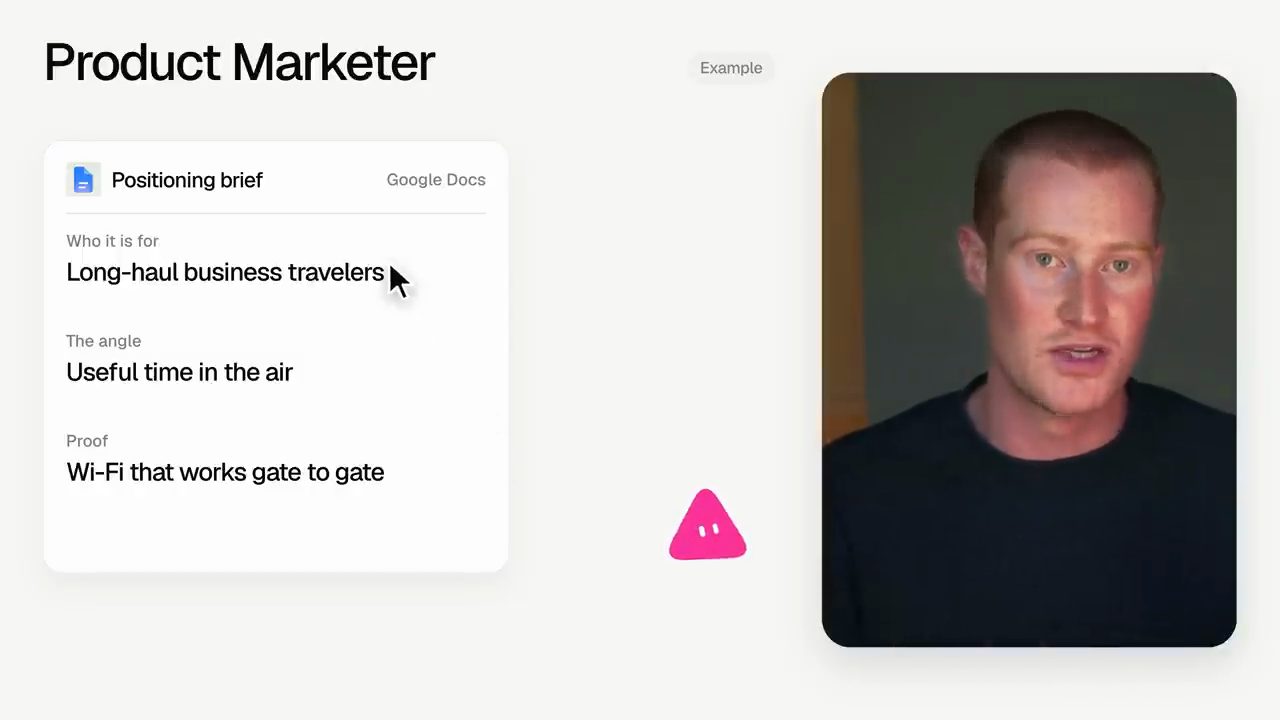 Thẻ Positioning brief trong Google Docs: Who it is for Long-haul business travelers, The angle Useful time in the air, Proof Wi-Fi that works gate to gate