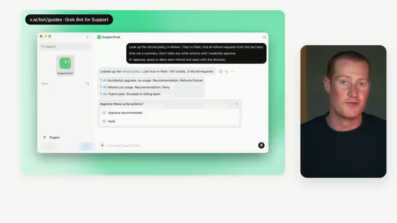 Chat với SupportGrok: tra refund policy trong Notion, tìm yêu cầu hoàn tiền trong Plain, ba ticket kèm đề xuất và hộp Approve these write actions