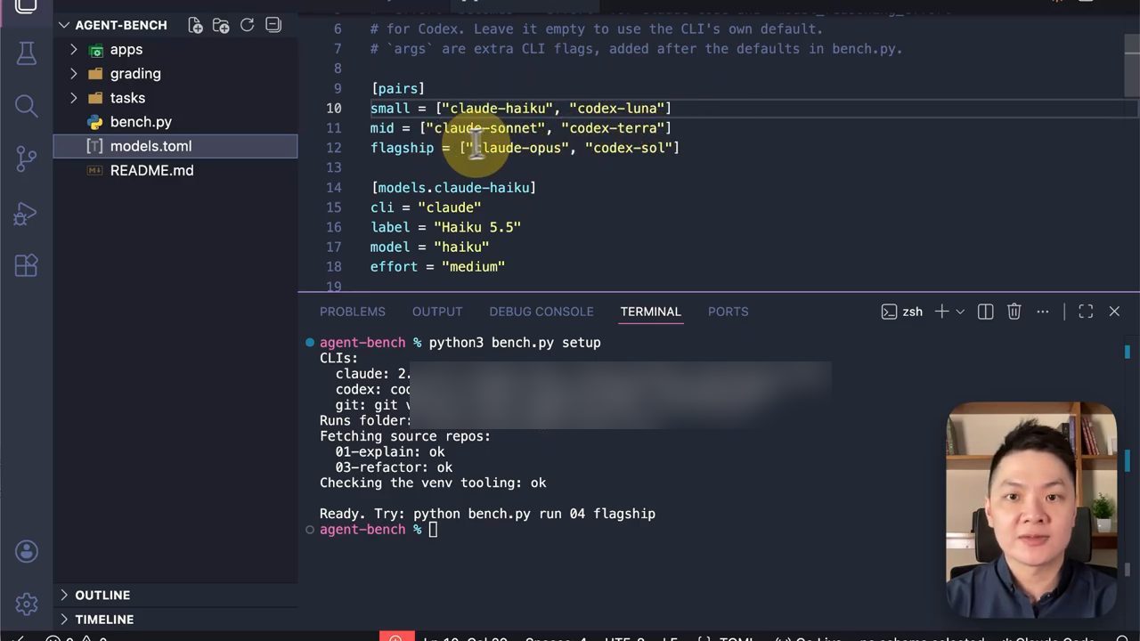 VS Code mở project agent-bench với file models.toml và terminal chạy python3 bench.py setup