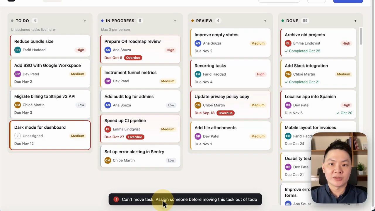 Kanban board của Opus với bốn cột To do, In progress, Review, Done và thông báo Can't move task
