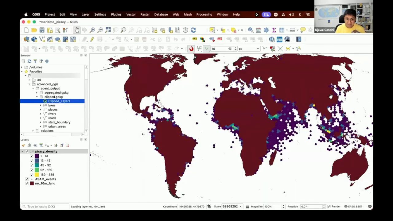 QGIS hiển thị bản đồ mật độ cướp biển theo lưới lục giác với color ramp viridis