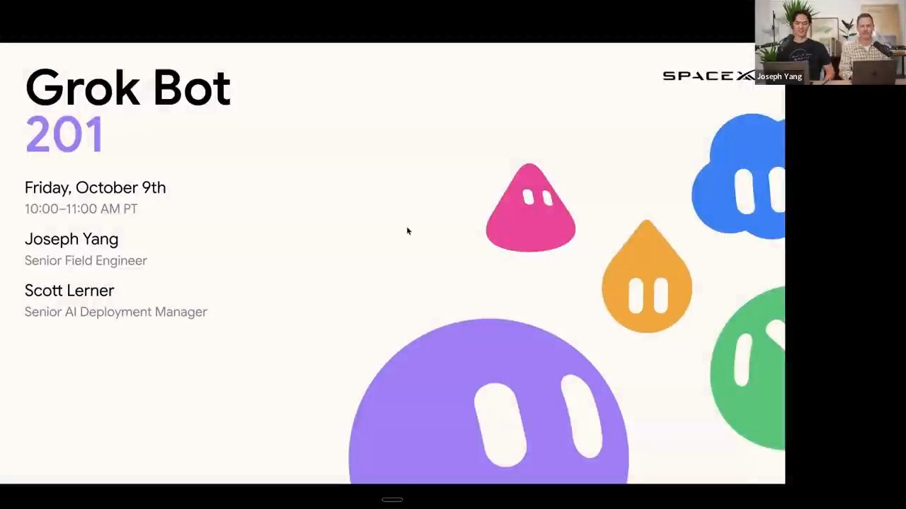 Slide tiêu đề Grok Bot 201 với tên Joseph Yang và Scott Lerner