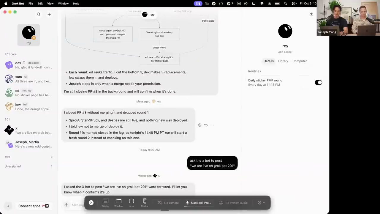 Cửa sổ chat với primary bot Roy trong Grok Bot, cột trái là danh sách bot