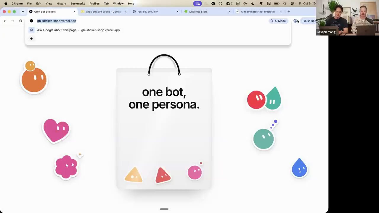 Trang Grok Bot Stickers với cái túi one bot, one persona ở giữa