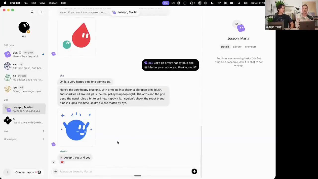 Group chat giữa Joseph, Martin và bot Dex với sticker xanh vui vẻ
