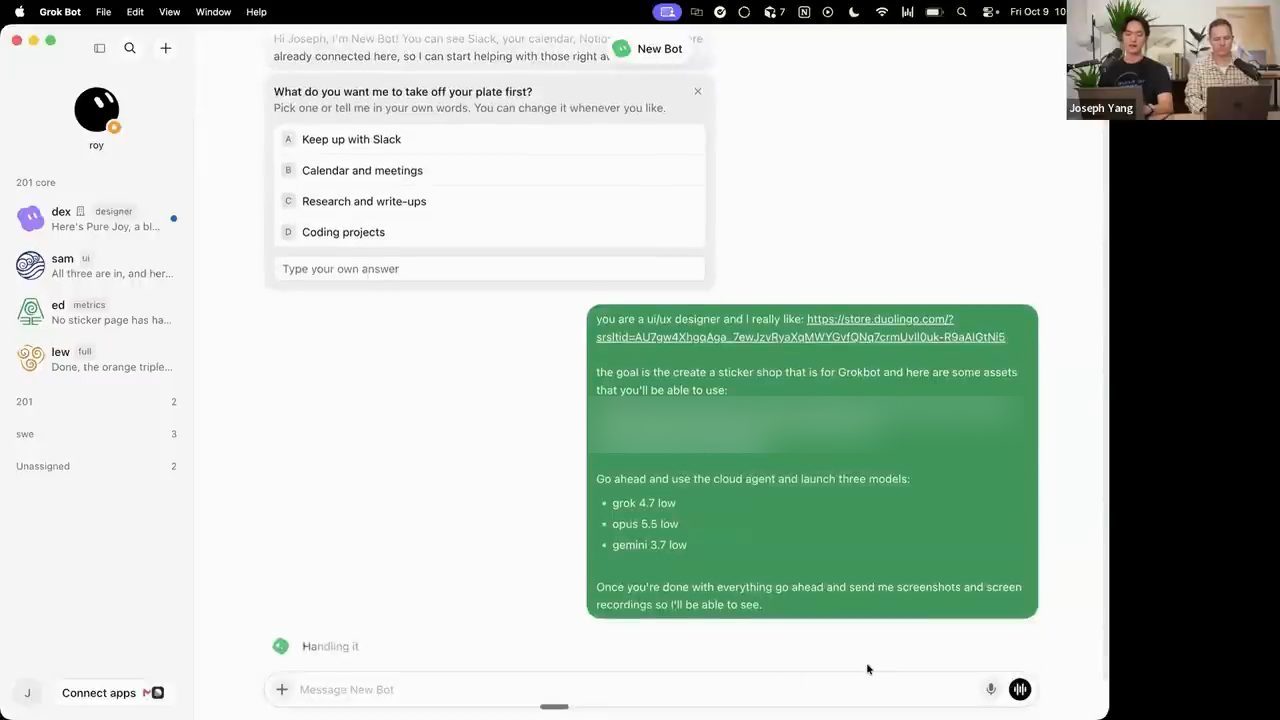 Tin nhắn giao việc cho bot UI/UX mới, chạy ba model qua cloud agent