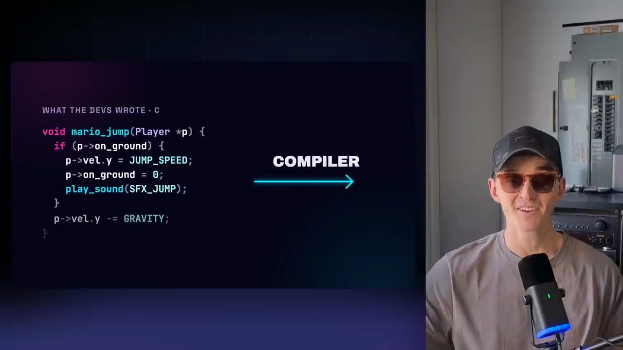 Đoạn code C hàm mario_jump và mũi tên Compiler