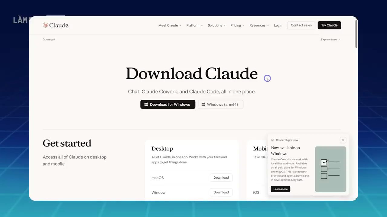 Trang Download Claude với nút Download for Windows và danh sách bản Desktop cho macOS và Windows