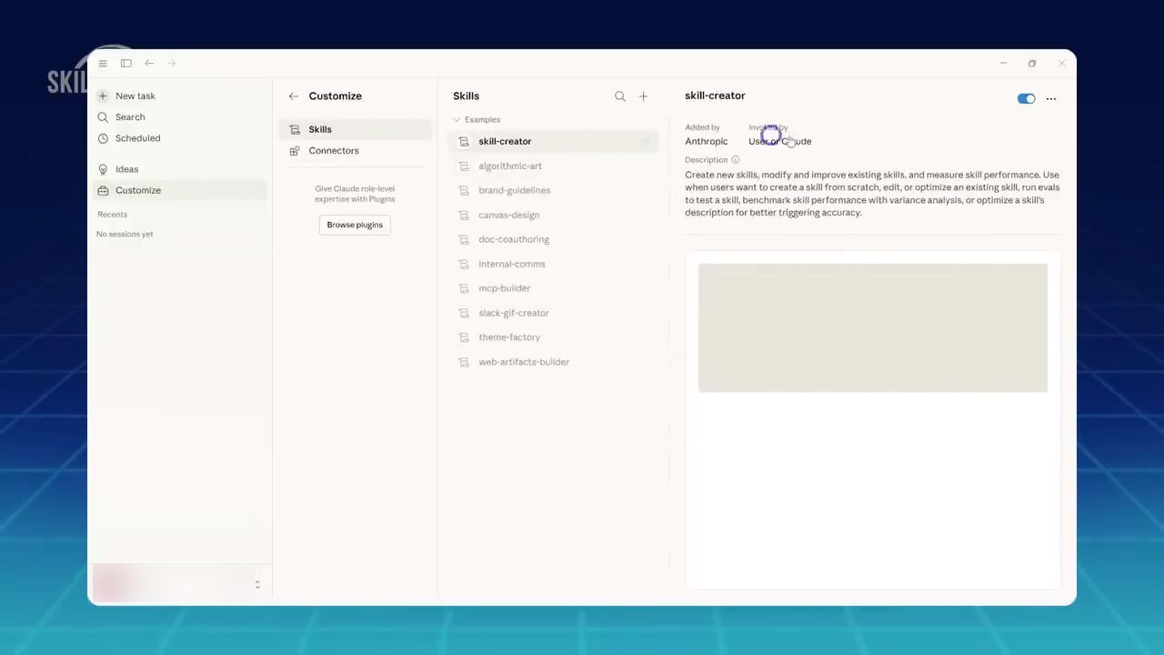 Màn hình Customize, mục Skills, skill-creator được chọn và bật công tắc