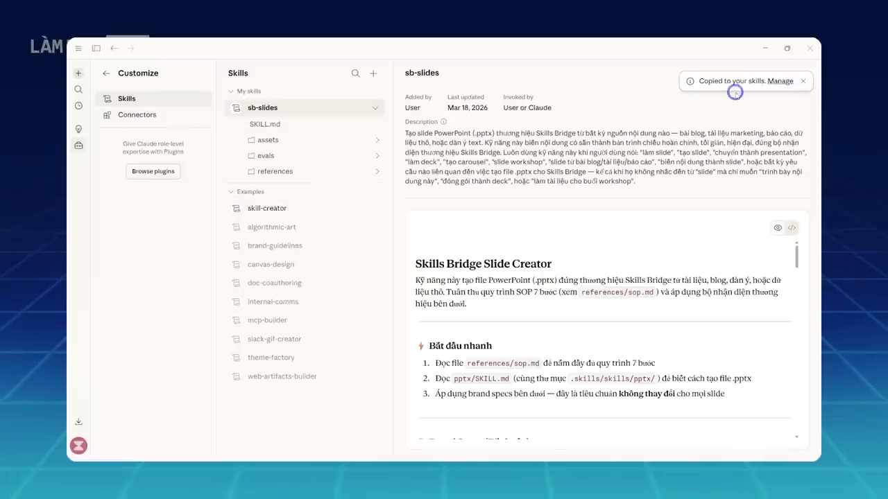 Mục Customize, Skills hiển thị skill sb-slides vừa được chép, với mô tả và phần Skills Bridge Slide Creator