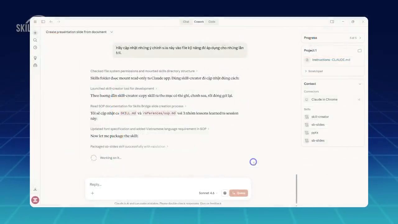 Claude Cowork cập nhật SKILL.md và references/sop.md bằng skill-creator rồi đóng gói lại skill sb-slides