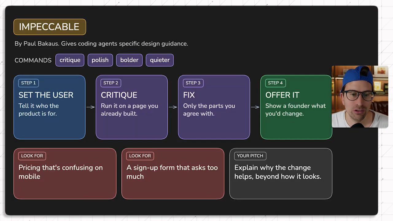 Slide Impeccable: bốn lệnh critique, polish, bolder, quieter và bốn bước set the user, critique, fix, offer it