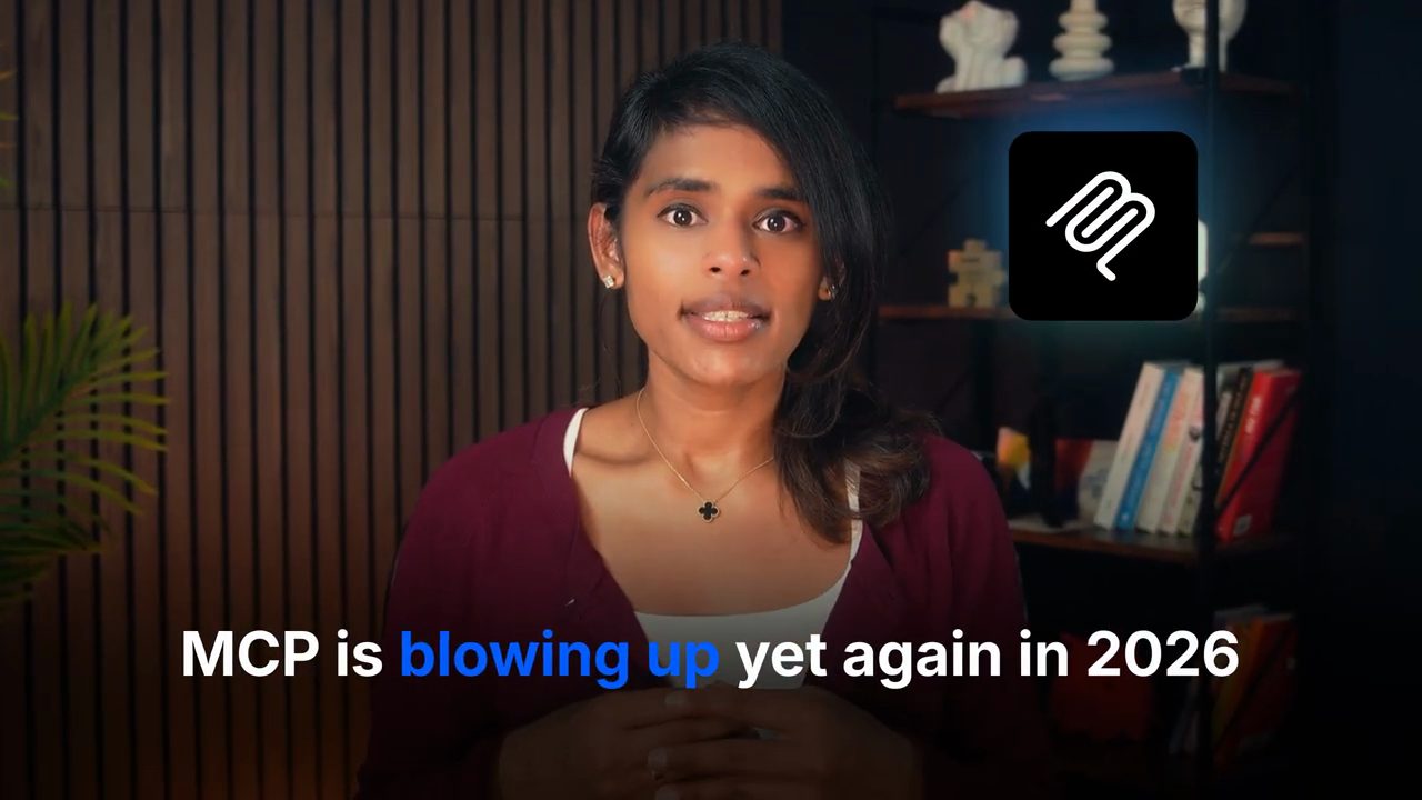 Aishwarya Naresh Reganti nói trước camera, chữ trên màn hình: MCP is blowing up yet again in 2026