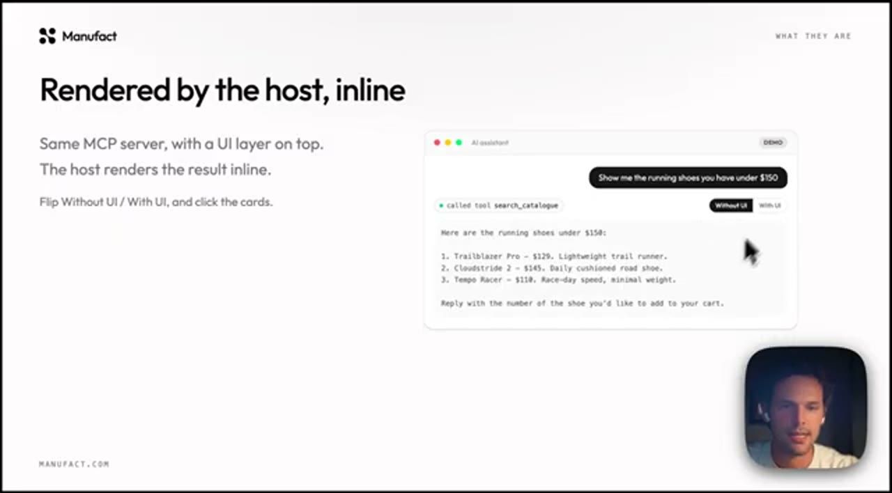 Demo Rendered by the host, inline, chế độ Without UI: danh sách giày dạng text