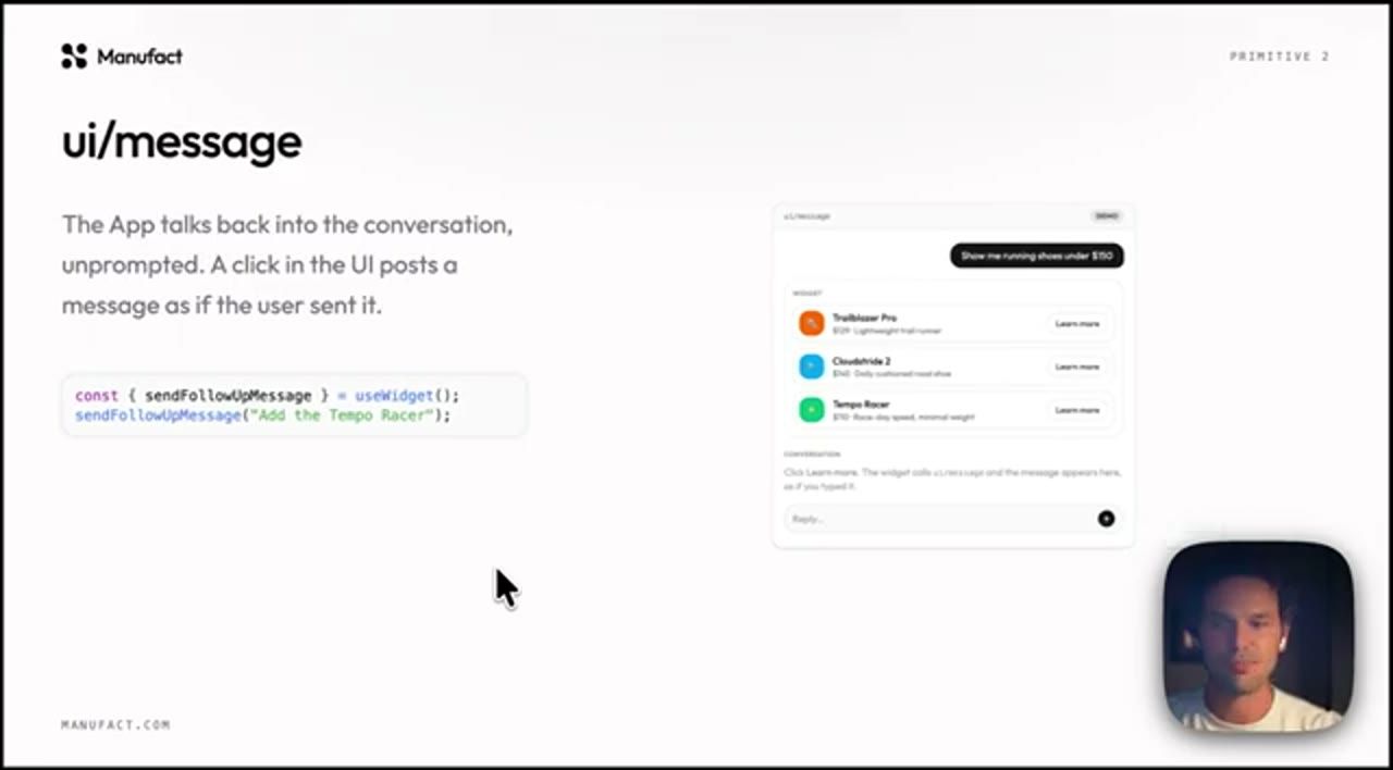 Slide ui/message với code sendFollowUpMessage và demo danh sách giày có nút Learn more