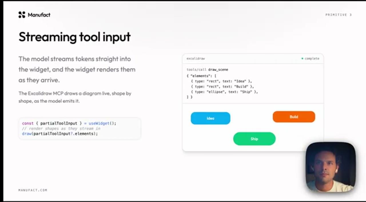 Slide Streaming tool input: tools/call draw_scene với ba element Idea, Build, Ship đã vẽ xong