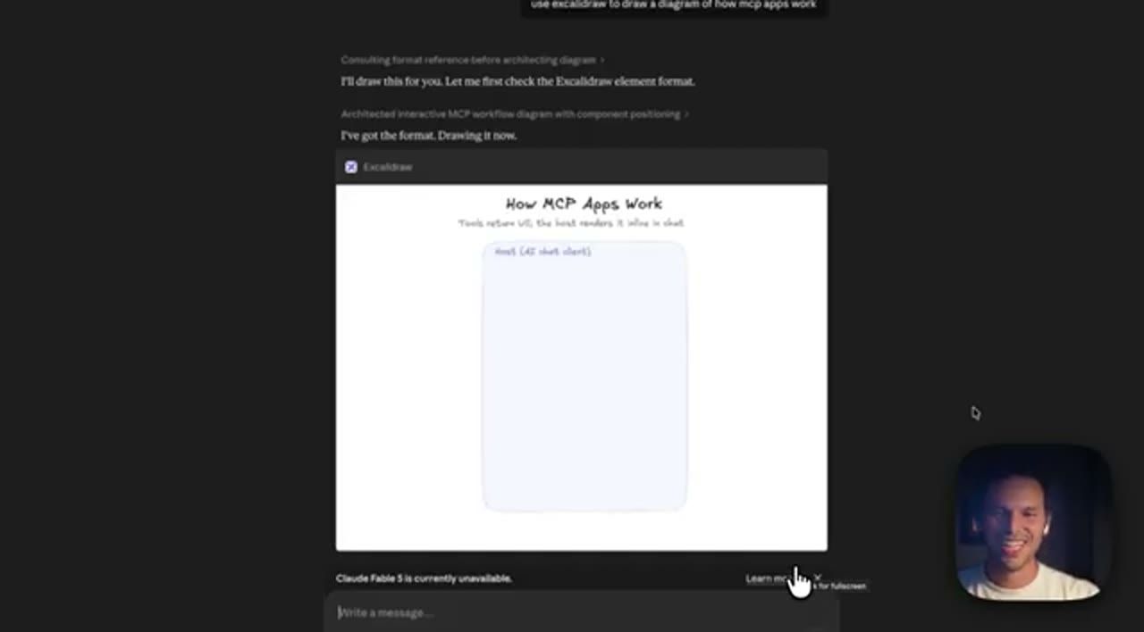 Claude dùng Excalidraw MCP, canvas How MCP Apps Work bắt đầu được vẽ