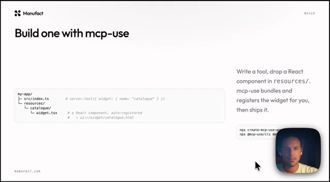 Slide Build one with mcp-use: cây thư mục my-app với src/index.ts và resources/catalogue/widget.tsx