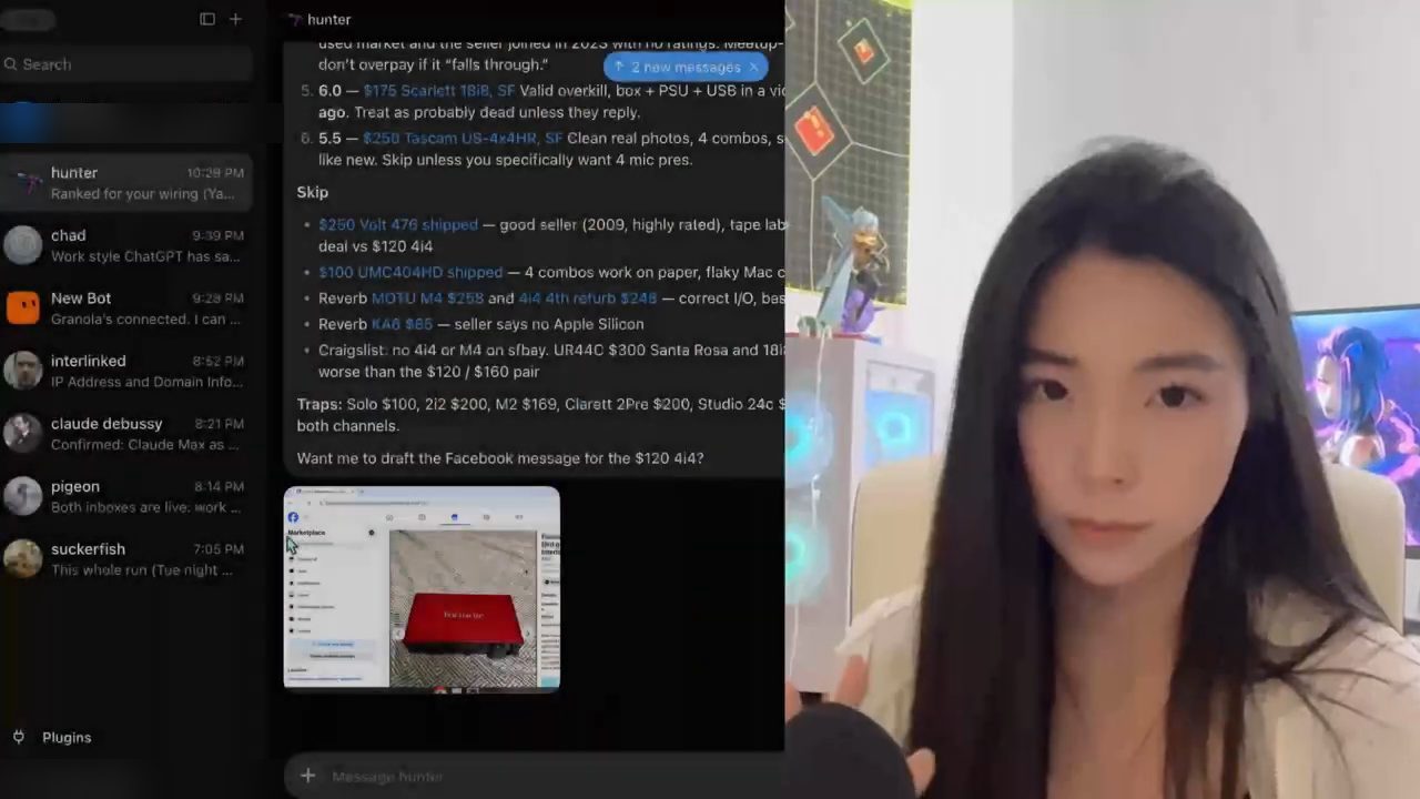 Cuộc chat với bot hunter: danh sách audio interface cũ được chấm điểm, mục Skip và Traps, kèm ảnh chụp màn hình Facebook Marketplace