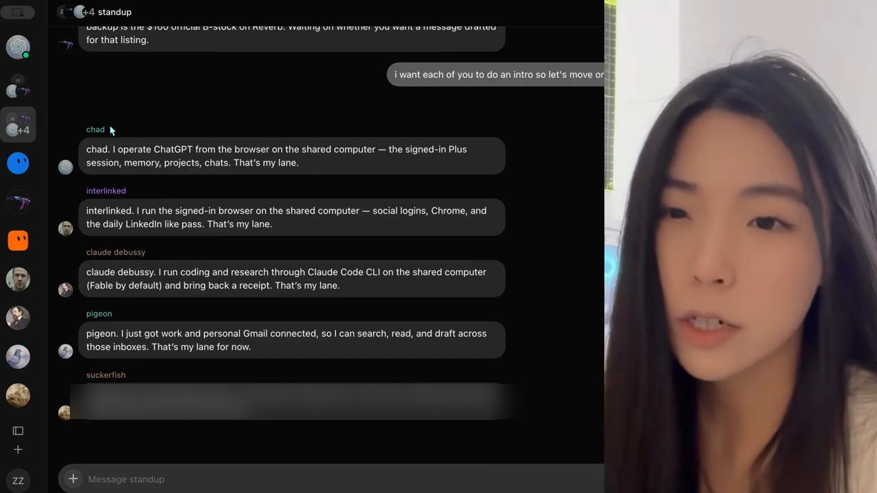 Group chat standup trong Grok Bot: các bot chad, interlinked, claude debussy, pigeon, suckerfish tự giới thiệu