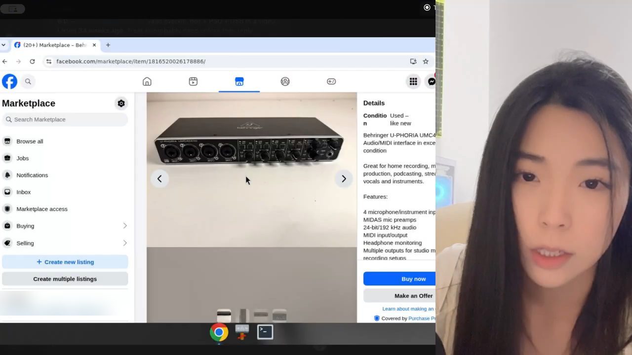 Màn hình máy tính của bot đang mở một tin bán audio interface Behringer trên Facebook Marketplace