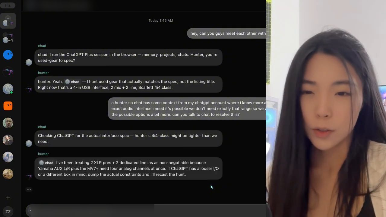 Group chat giữa Helena, chad và hunter về spec audio interface