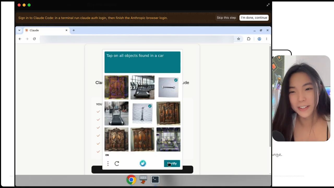 Màn hình máy tính bot: bước đăng nhập Claude Code, một captcha chọn ảnh đồ vật trong xe hơi