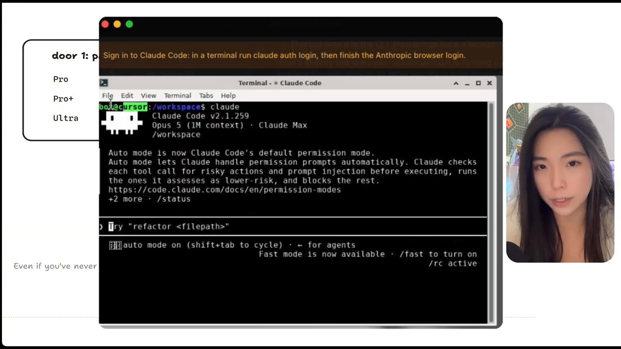 Terminal trên máy tính bot chạy Claude Code, dấu nhắc lệnh mang tên máy cursor