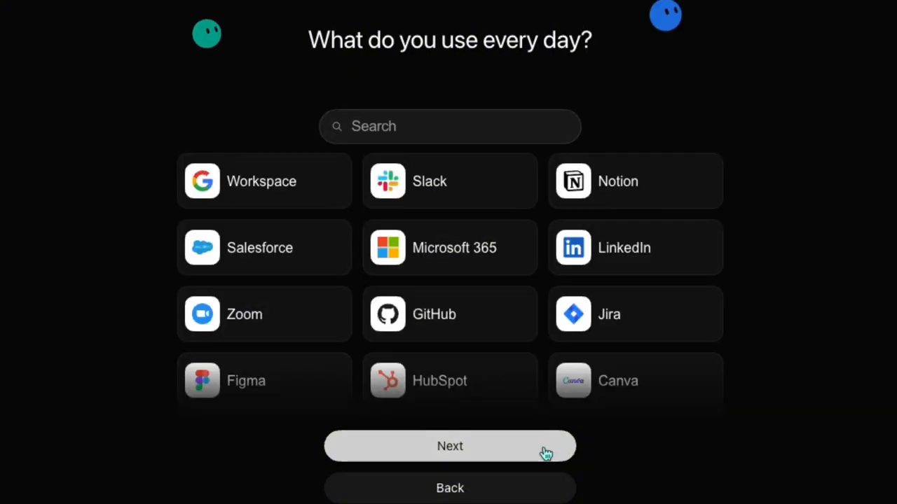 Màn hình onboarding Grok Bot hỏi What do you use every day với các ô Workspace, Slack, Notion, Salesforce, Microsoft 365, LinkedIn, Zoom, GitHub, Jira