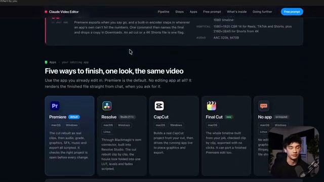 Trang blueprint, mục Apps: Five ways to finish, one look, the same video, với năm thẻ Premiere, Resolve, CapCut, Final Cut, No app