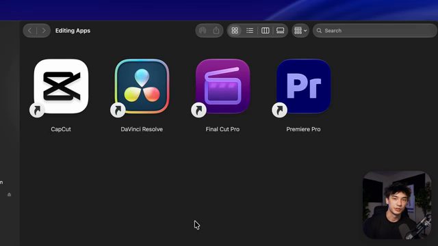 Thư mục Editing Apps với bốn icon CapCut, DaVinci Resolve, Final Cut Pro, Premiere Pro