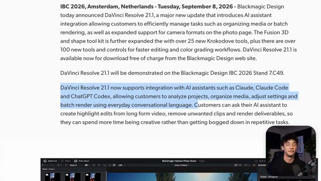 Thông cáo về DaVinci Resolve 21.1, đoạn được bôi đậm nói về tích hợp với Claude, Claude Code và ChatGPT Codex
