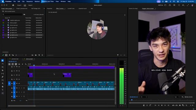 Premiere Pro mở demo-project dạng dọc, timeline có các track video, graphics và audio, khung preview hiện chữ BELIEVE HOW EASY