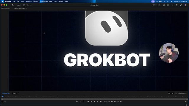 Khung preview Premiere hiện icon Grokbot màu trắng và chữ GROKBOT lớn trên nền tối có lưới