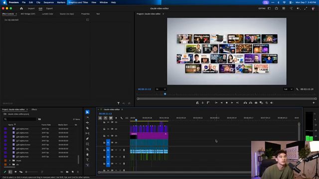 Premiere Pro mở project claude-video-editor, khung preview hiện một lưới nhiều thumbnail YouTube