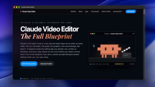 Trang Claude Video Editor, The Full Blueprint, với nút Get the free prompt