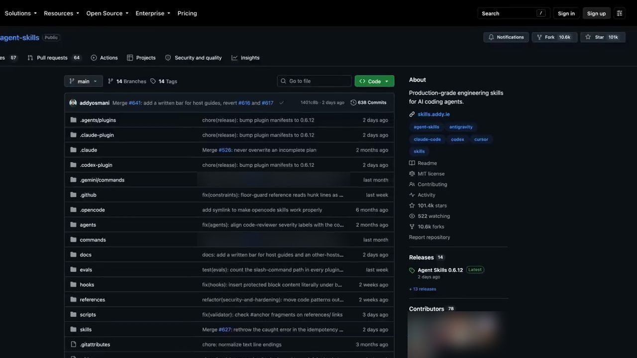 Trang GitHub của repo agent-skills với khoảng 101 nghìn star