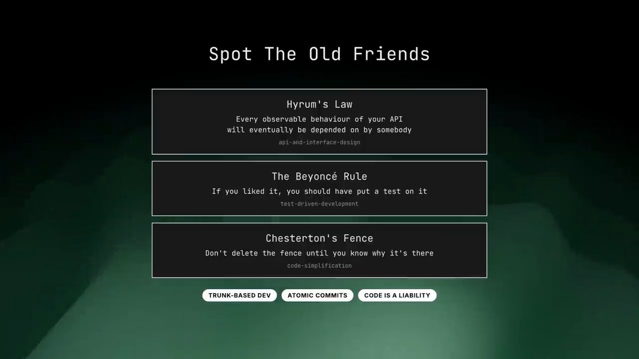 Slide Spot The Old Friends với Hyrum's Law, The Beyoncé Rule, Chesterton's Fence