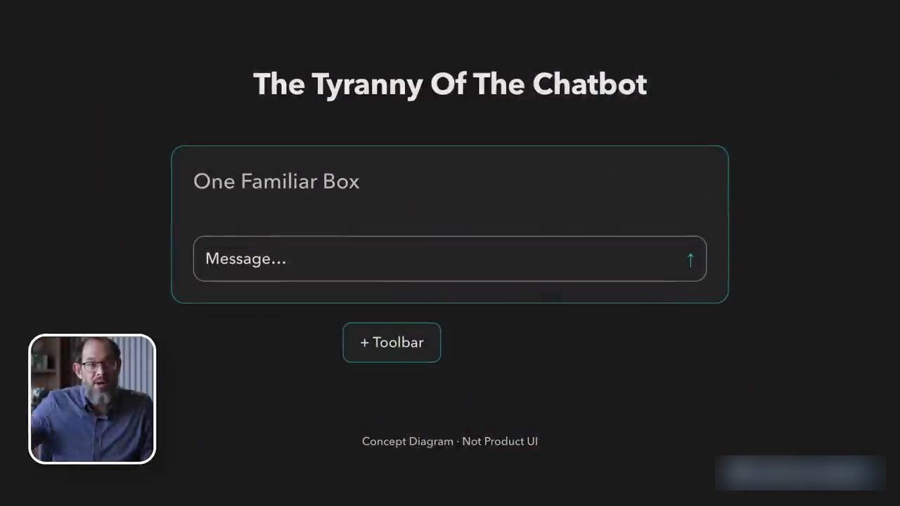 Slide The Tyranny Of The Chatbot: một ô Message quen thuộc và nút + Toolbar