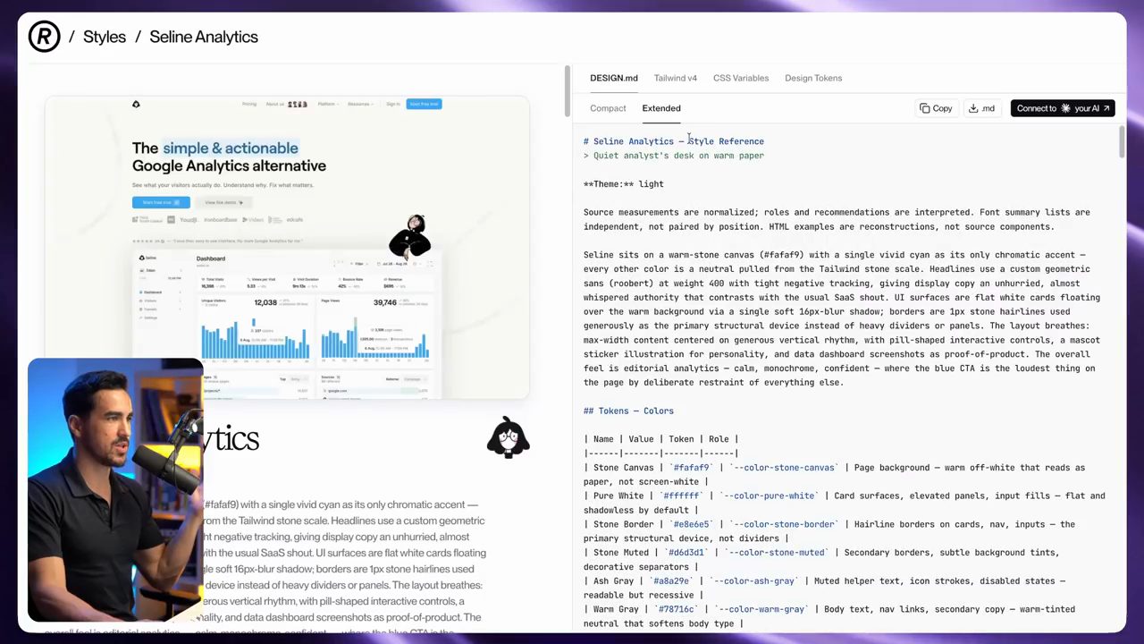 Trang Seline Analytics trên Refero Styles với file DESIGN.md bên phải