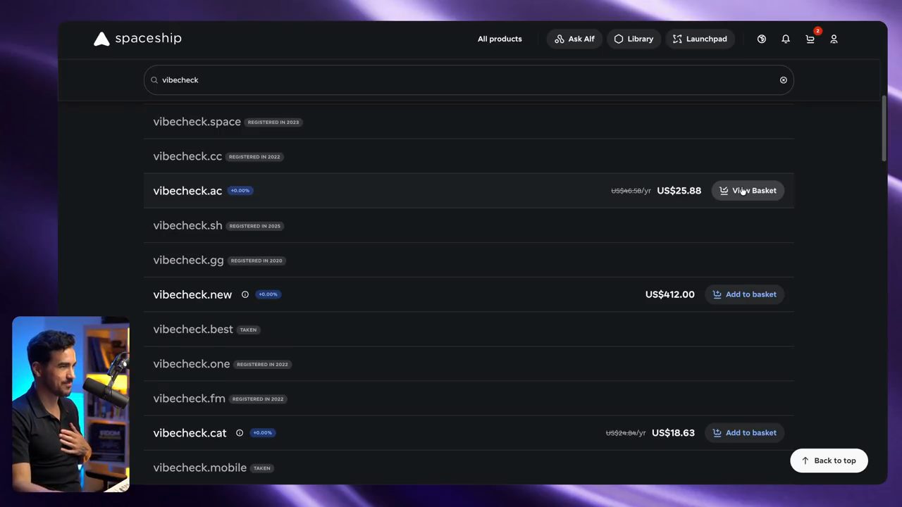 Kết quả tìm tên miền vibecheck trên Spaceship
