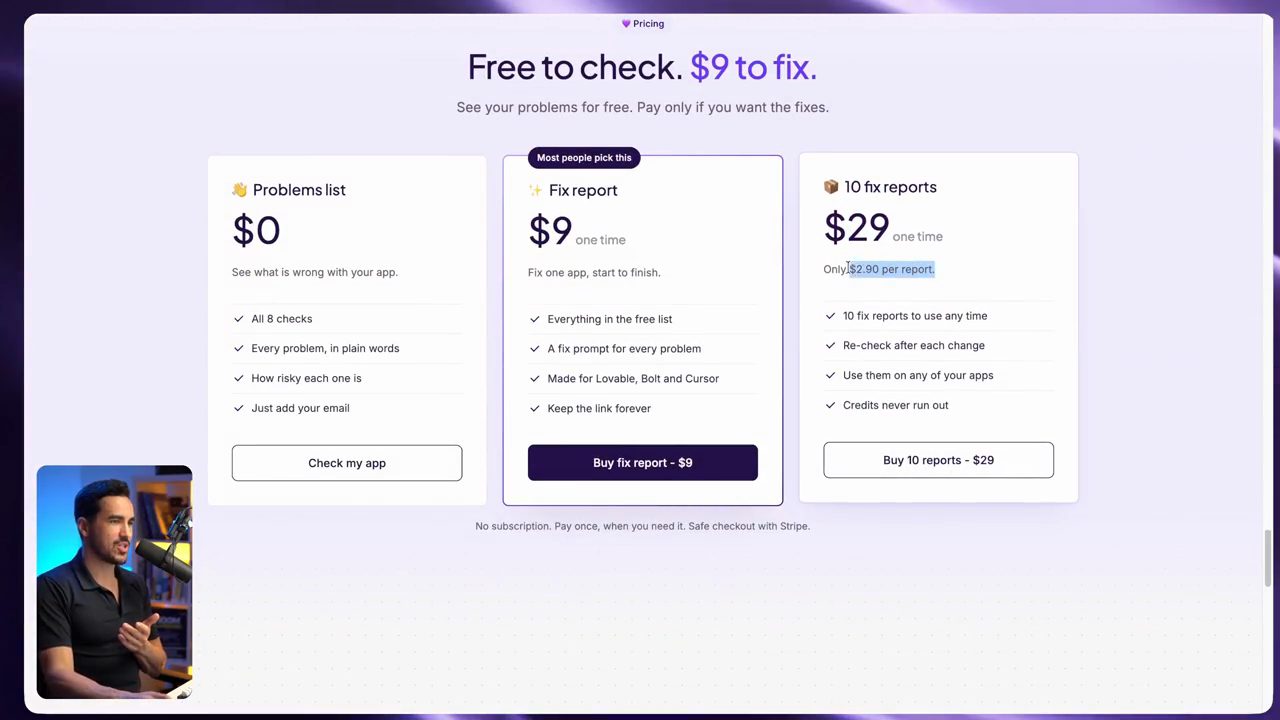 Bảng giá VibeCheck: Free to check, $9 to fix